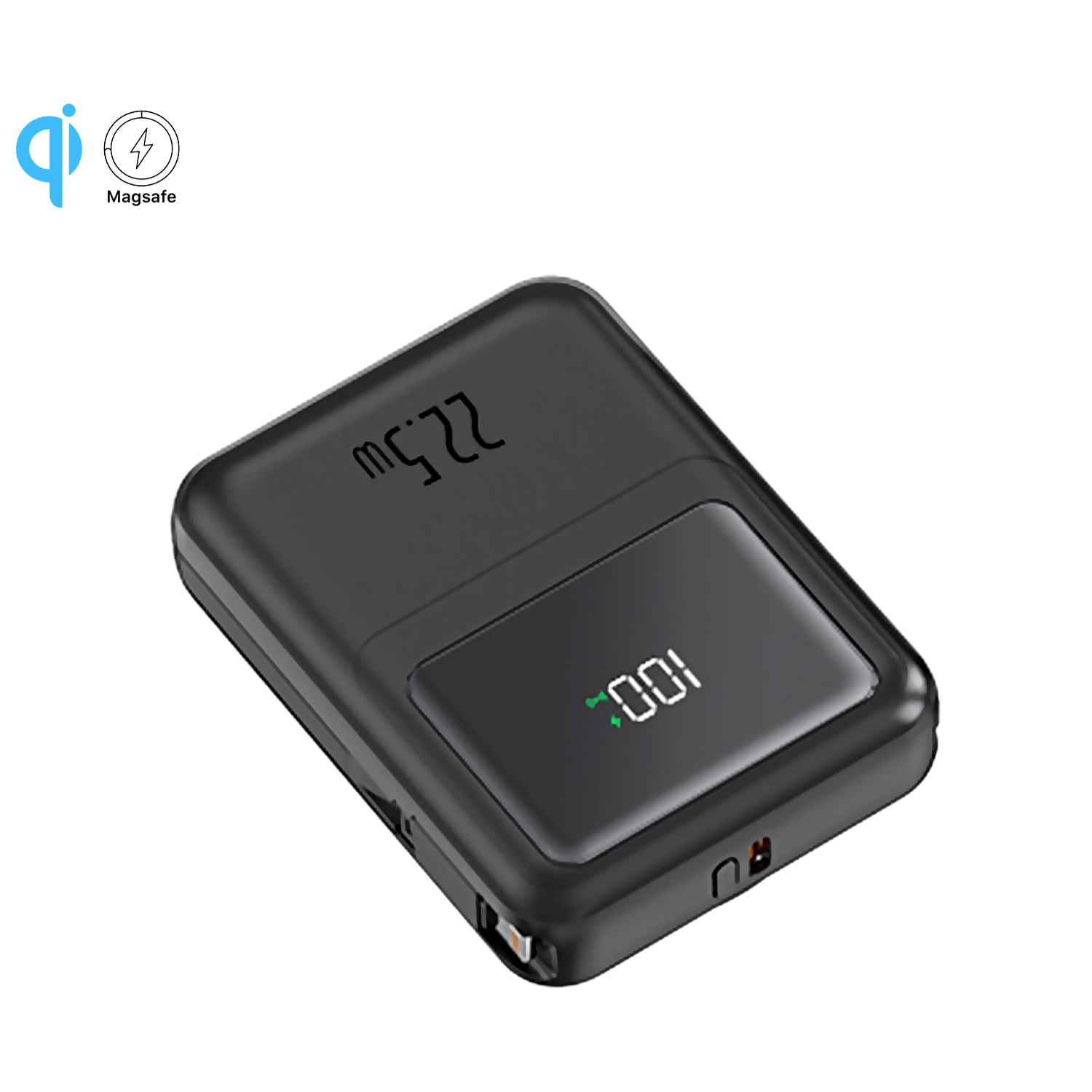 Powerbank 10.000mAh con ricarica veloce PD22,5W e ricarica wireless da 15W. Cavi USB-C e Lightning integrati. Display LED di carica.