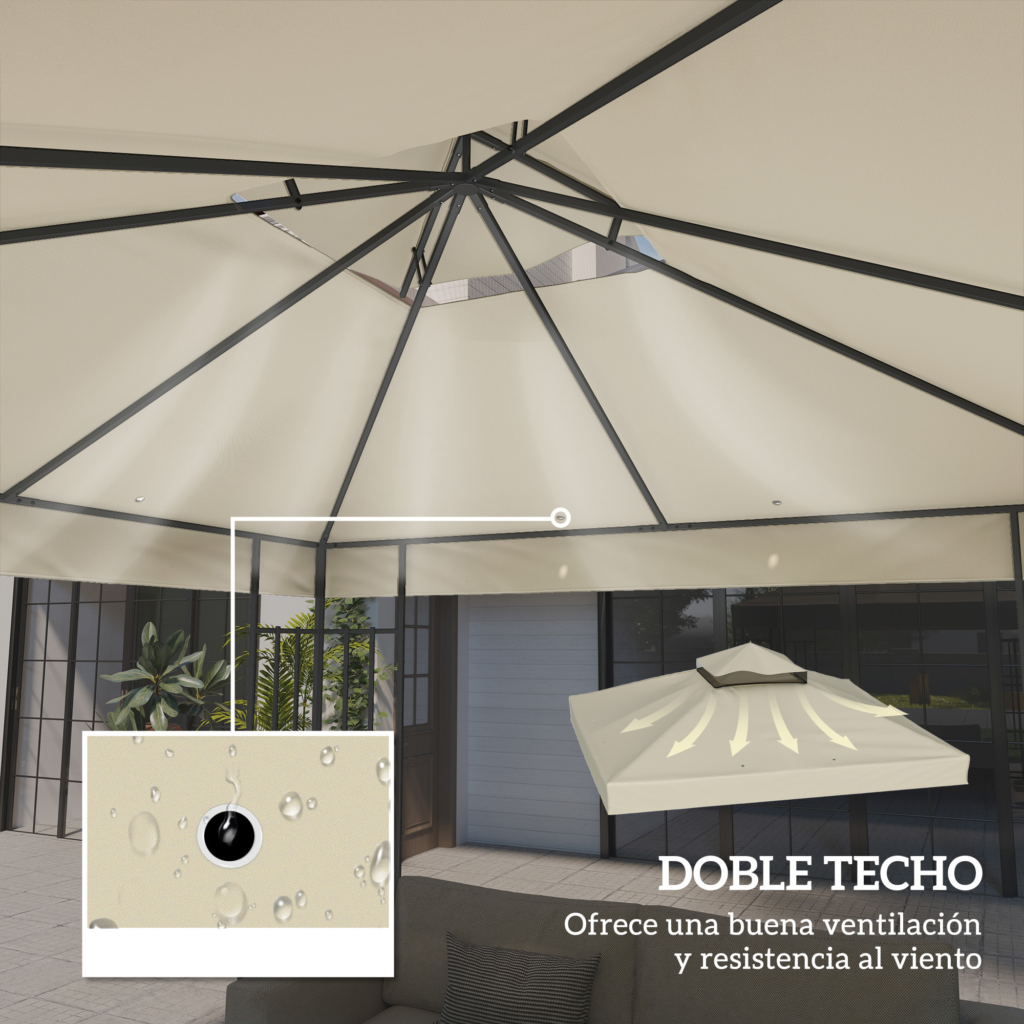 Techo de Repuesto para Cenador 3x3 m Cubierta de Repuesto 370g/ãŽ¡ con Techo Doble con Mosquitera Protección UV 30+ Toldo de Recambio para Pabellón Gazebo Crema