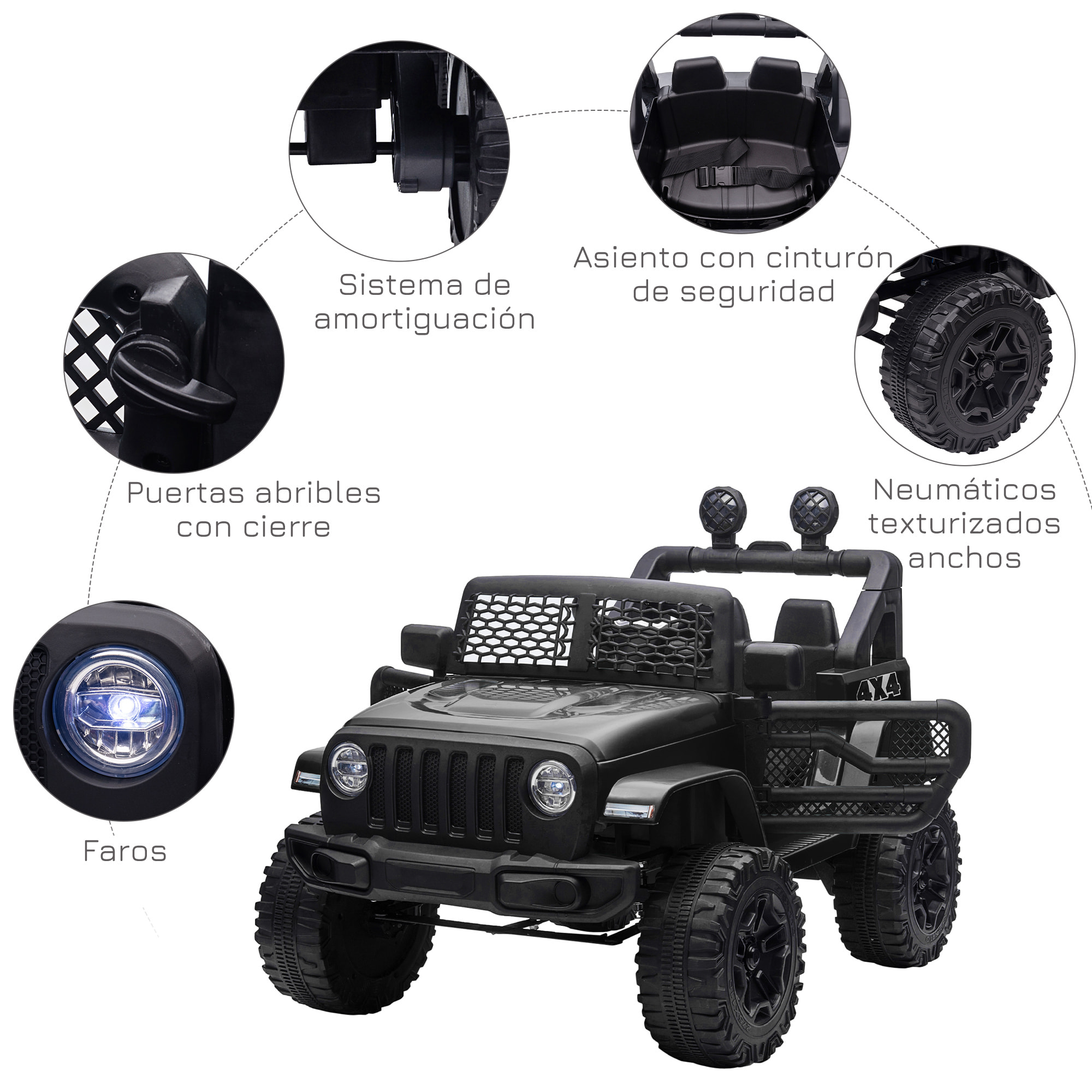Coche Eléctrico para Niños 12V, Vehículo Todoterreno de Batería con 2 Motores, Control Remoto 2,4G, Velocidad hasta 5 km/h, Sistema de Suspensión, Faros, para Niños de +3 Años, Negro