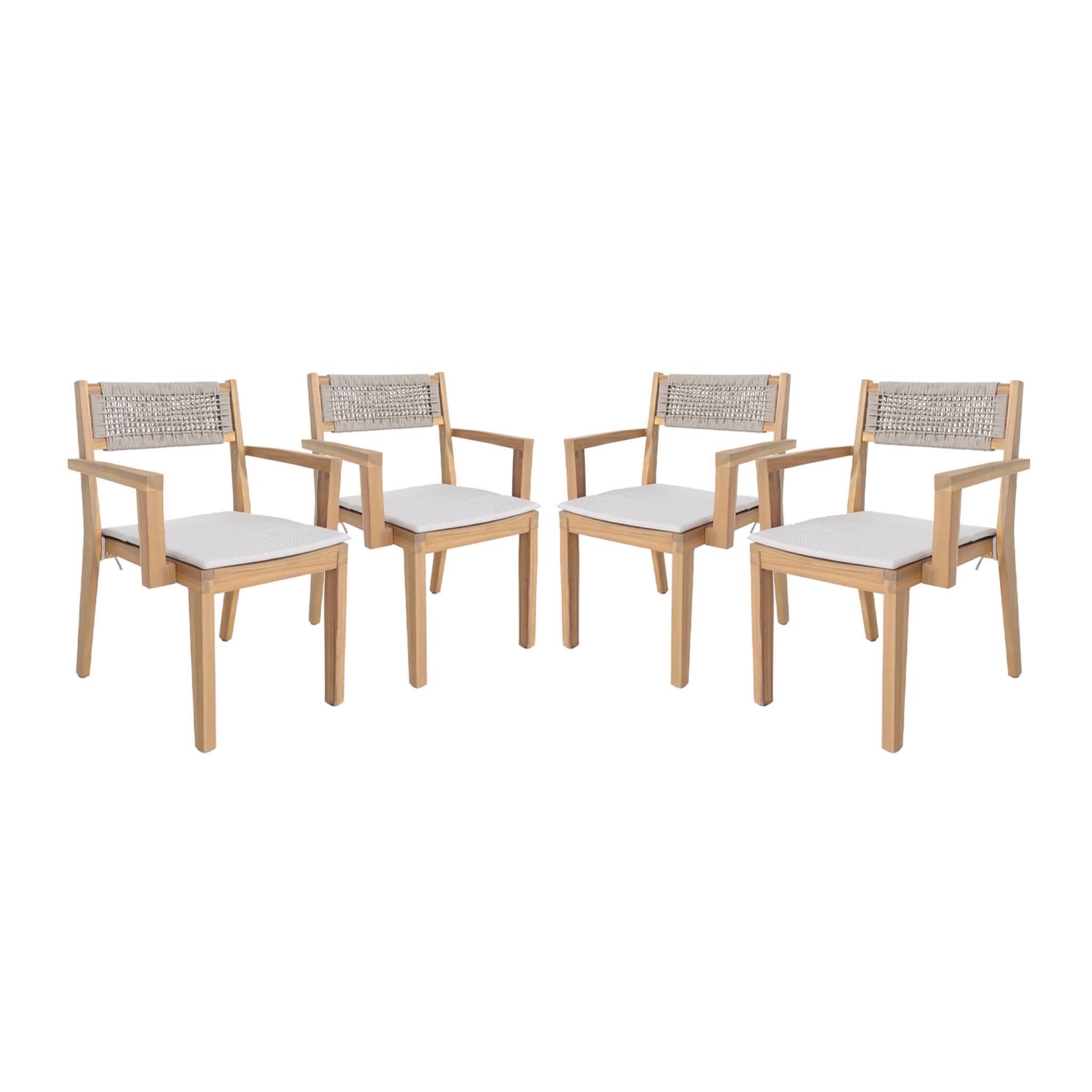 Lot de 4 fauteuils de jardin beige GALENA bois d'acacia avec coussin et corde. 59 x 55 x 81 cm