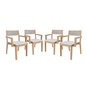 Lot de 4 fauteuils de jardin beige GALENA bois d'acacia avec coussin et corde. 59 x 55 x 81 cm