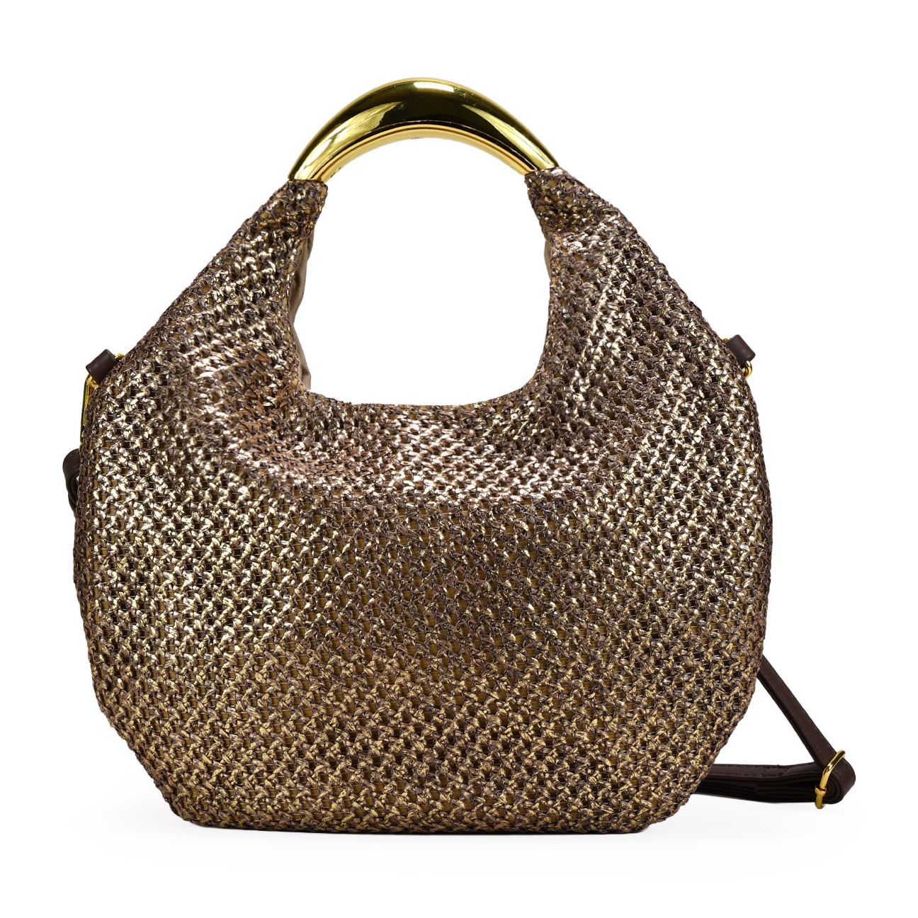 Bolso de mano dorado en rafia con metal
