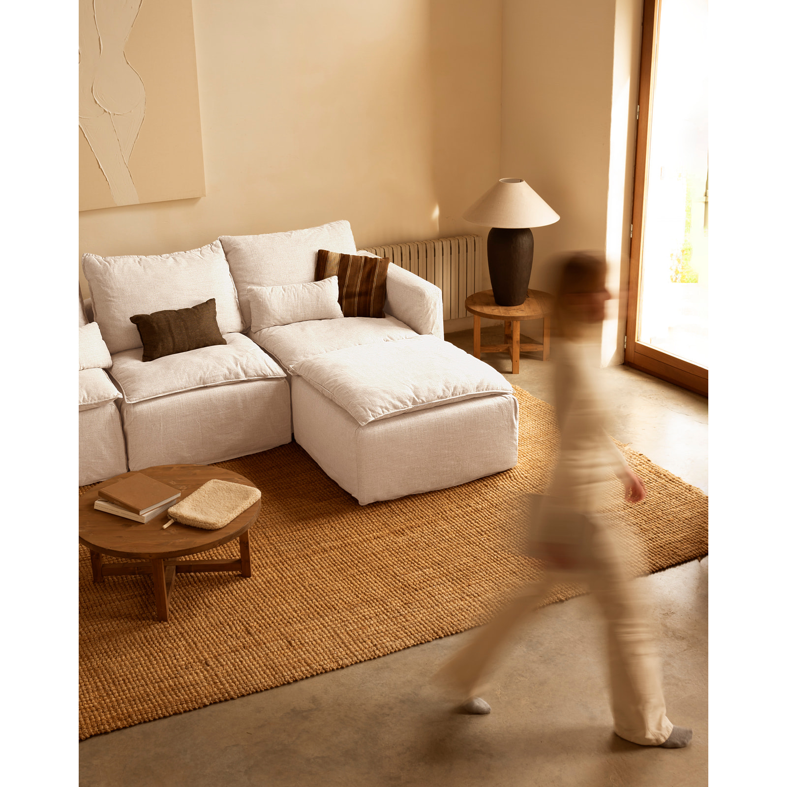 Pouf en coton et lin déhoussable ton blanc de 89x87cm Hauteur: 54 Longueur: 89 Largeur: 87