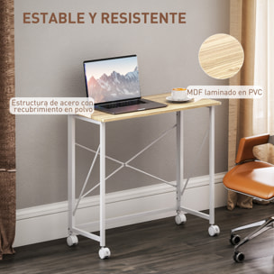 Escritorio Plegable con Ruedas Mesa Escritorio Compacta Mesa de Ordenador Portátil para Casa Oficina Espacios Pequeños 80x40x75 cm Natural