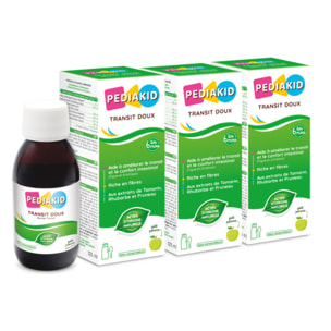 PEDIAKID - Sirop Transit Doux - Complément Alimentaire Naturel - Formule Exclusive au Sirop d'Agave - Contribue à Réguler le Transit en Douceur - Arôme Naturel de Pomme - Lot de 3 Flacons de 125 ml