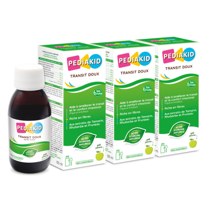 PEDIAKID - Sirop Transit Doux - Complément Alimentaire Naturel - Formule Exclusive au Sirop d'Agave - Contribue à Réguler le Transit en Douceur - Arôme Naturel de Pomme - Lot de 3 Flacons de 125 ml