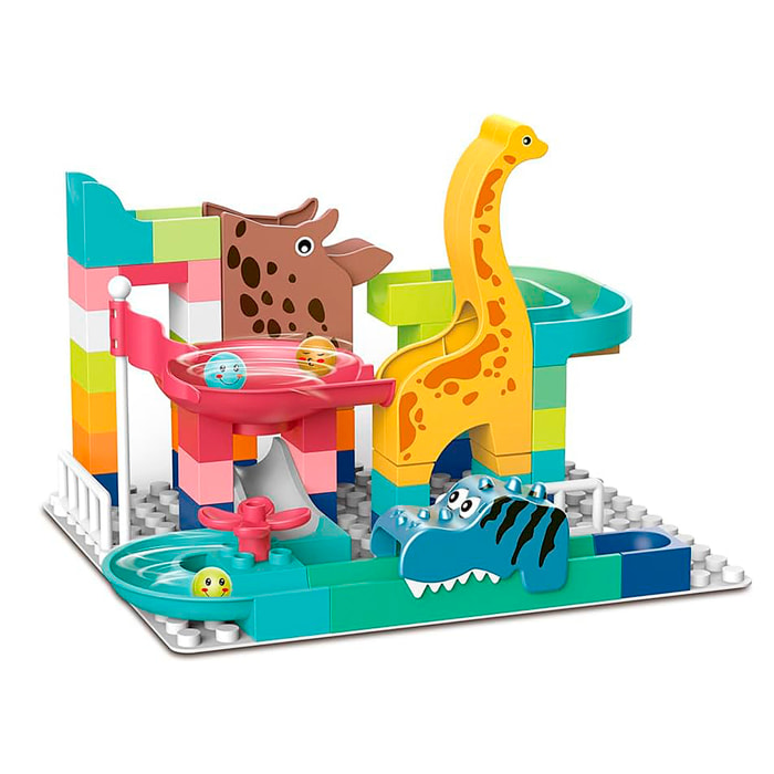 Blocchi di costruzione di dinosauri con scivolo per palline. 62 pezzi.