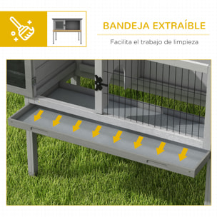 Conejera de Madera Caseta Exterior Refugio para Mascotas Pequeñas Conejos Cobayas con Bandeja Extraíble y Techo Asfáltico 84x43x70 cm Gris y Negro