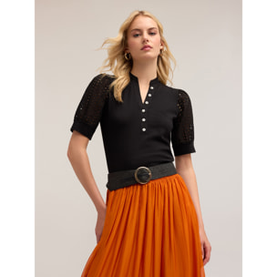 Motivi - Henley-Shirt mit Lochstickerei-Ärmeln - Negro