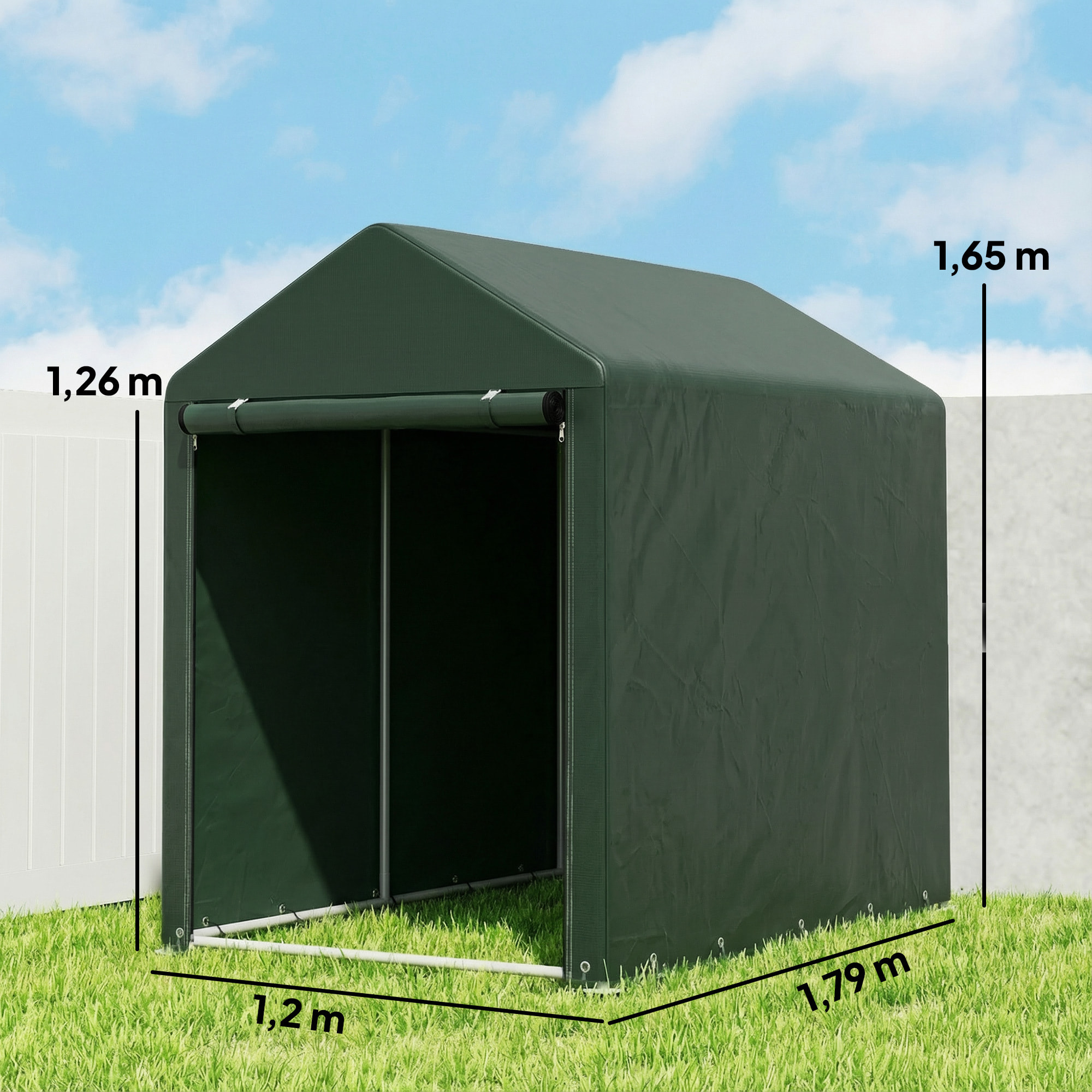 Carpa de Jardín Exterior para Herramientas Bicicletas 1,2x1,8x1,65 m, Cobertizo Exterior con 2 Habitaciones, Puerta Enrollable con Cremallera, Impermeable Anti-UV, Garaje Portátil, Verde