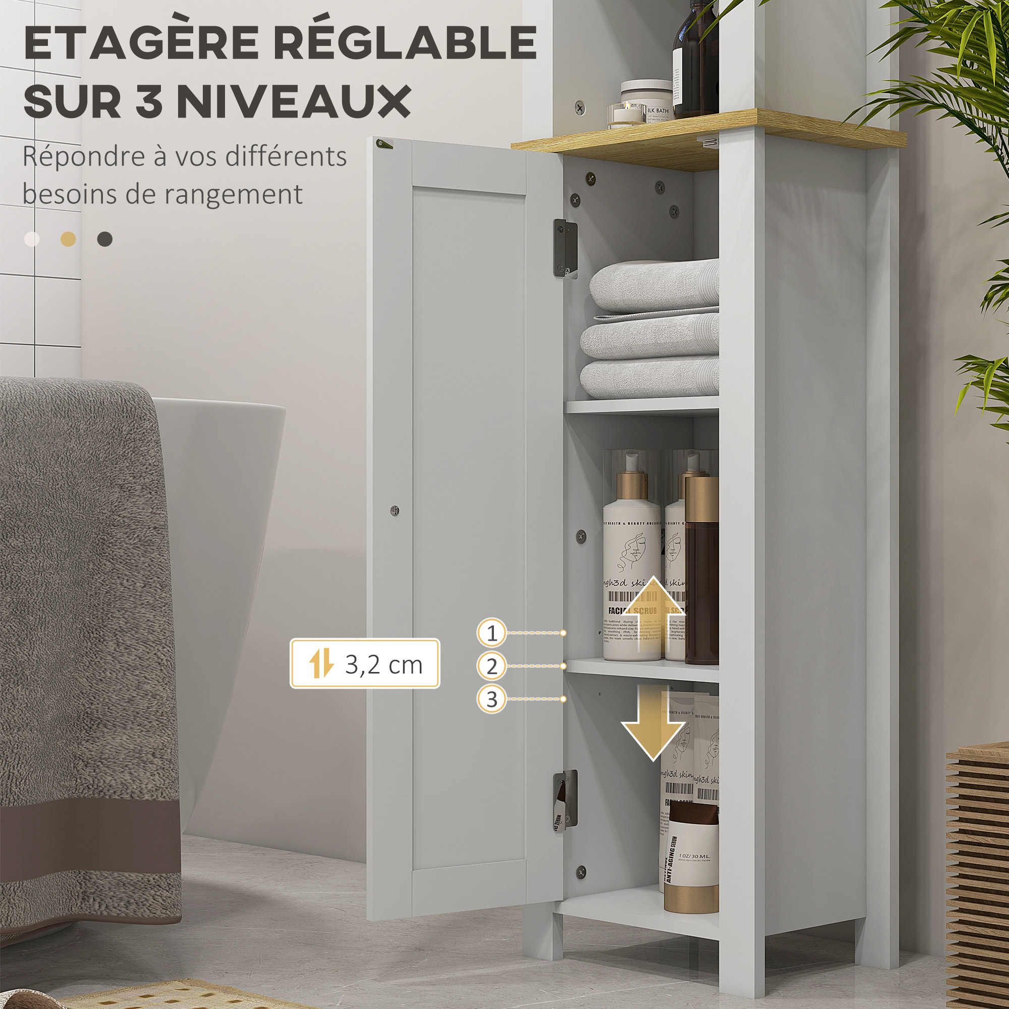 Meuble colonne rangement de salle de bain sur pied porte 2 étagères 3 niches aspect bois clair blanc