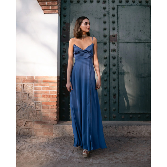 Vestido largo princesa de tirantes con escote drapeado