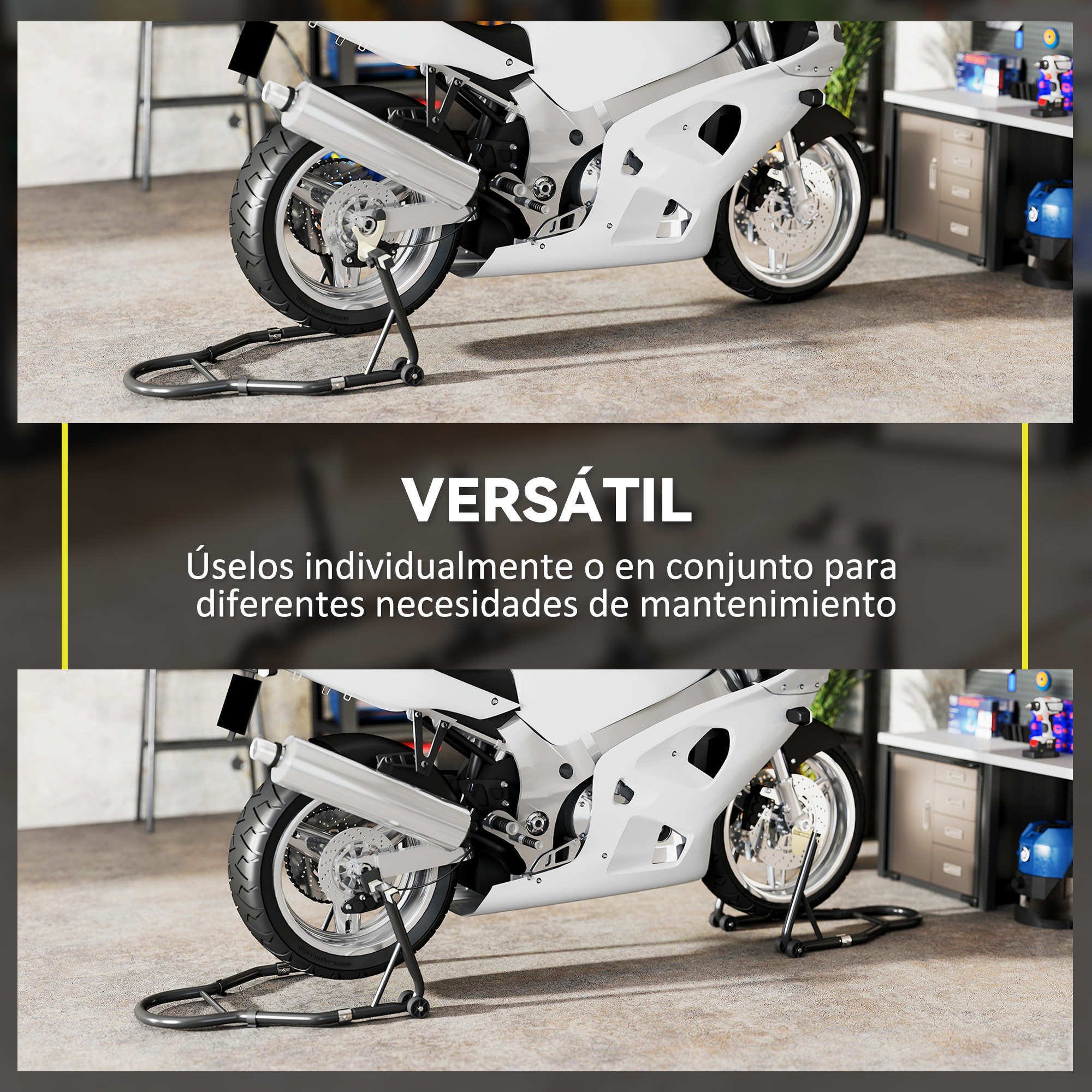 Caballete de Moto, Carga 390 kg, Soporte Delantero y Trasero Universal, Elevador de Moto de Acero con Horquillas Ajustables en U+L, Ruedas y Clips de Sujeción, Negro