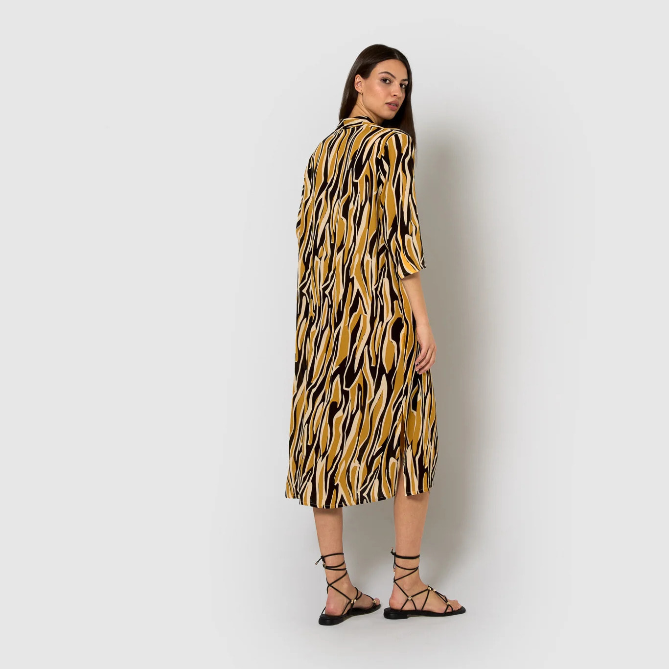 Vestido midi bambula detalles plisados europa beige/negro
