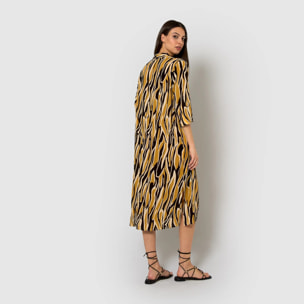 Vestido midi bambula detalles plisados europa beige/negro