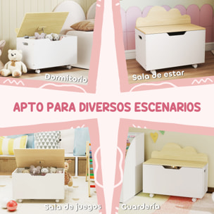 Caja de Almacenaje de Juguetes con Ruedas, Baúl Juguetes Infantil con Tapa Abatible con Bisagra de Seguridad, Diseño de Nube, para Dormitorio, Sala de juegos, Guardería, Blanco y Natural