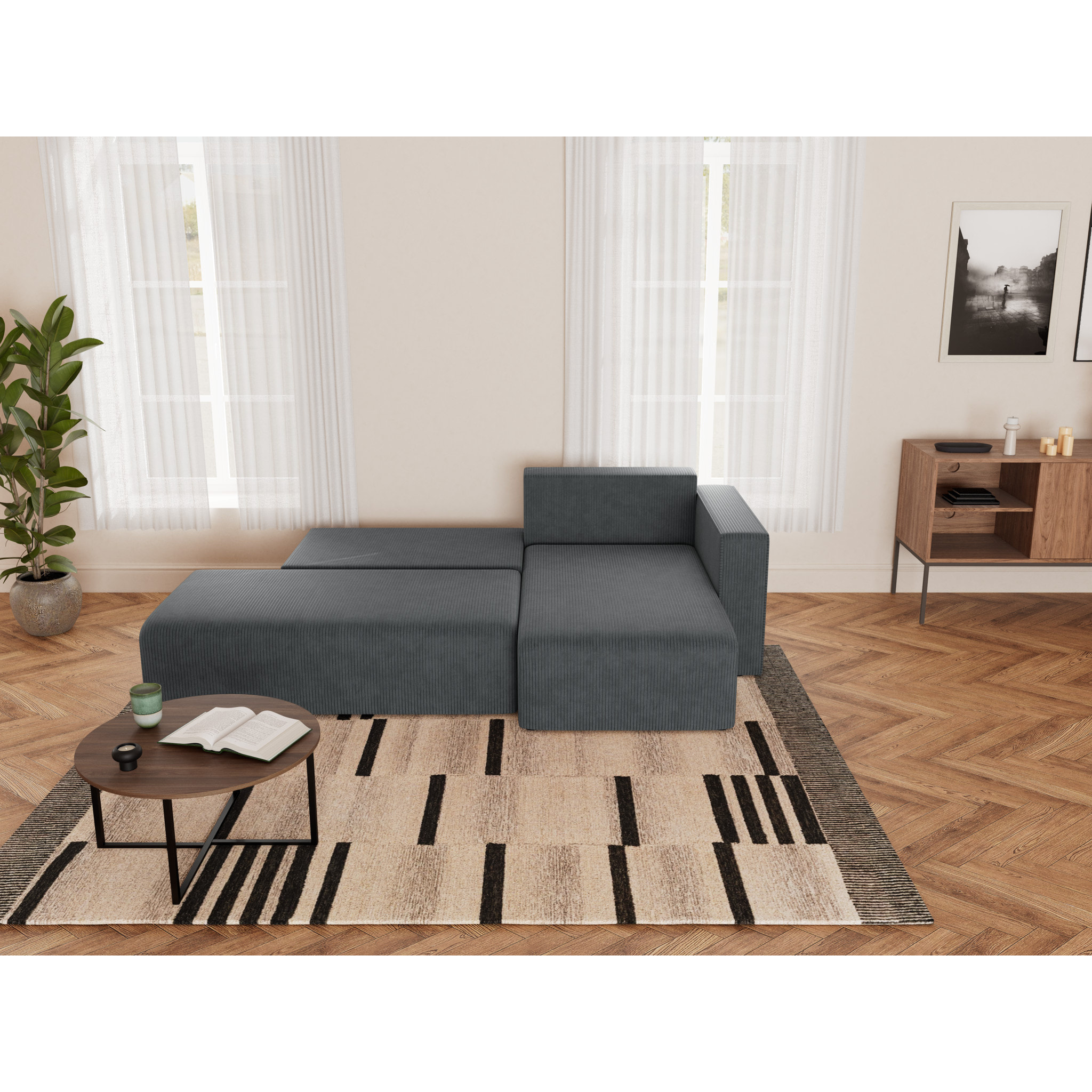 Topaze - canapé d'angle droit 4 places convertible avec coffre sans accoudoir en velours côtelé - Gris foncé