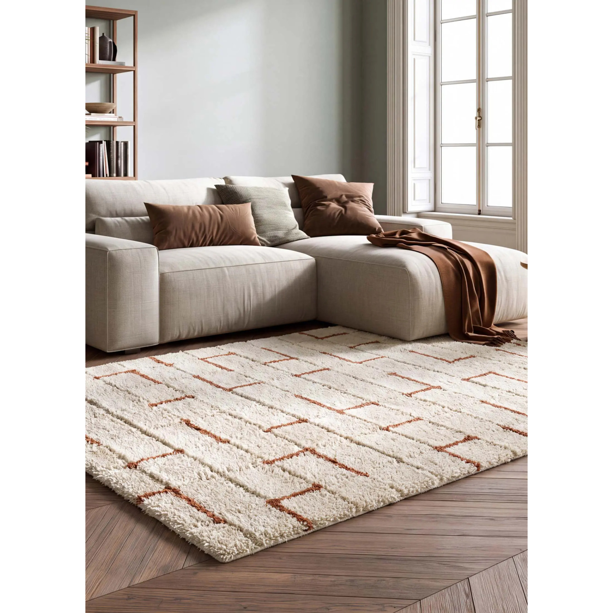 BRENDA Alfombra shaggy geométrica con relieve blanco y motivos caldera, varias medidas disponibles