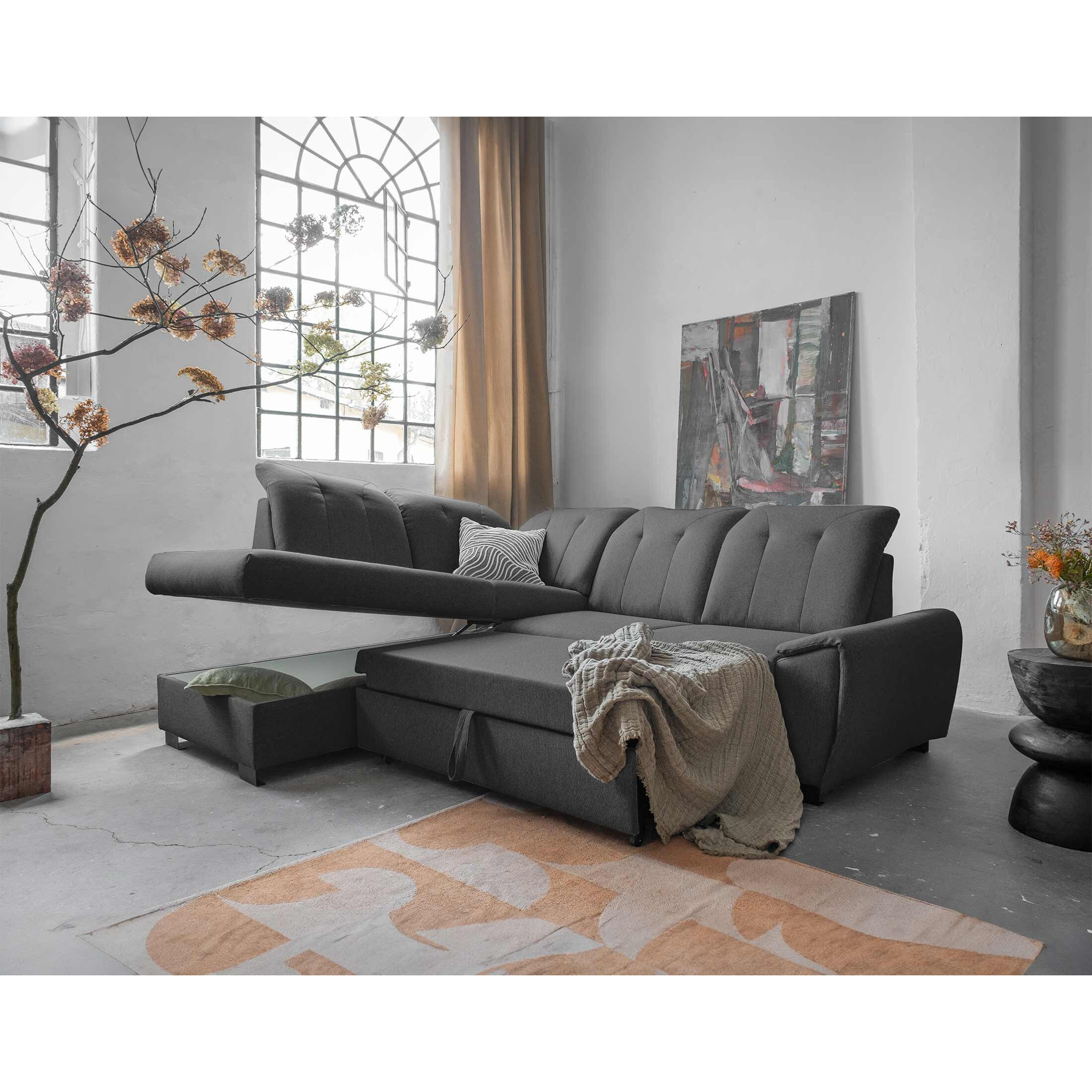 Paul - canapé d'angle gauche - 5 places - convertible avec coffre et têtières - en tissu - Gris foncé