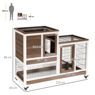 Clapier à lapin sur roulettes cage à lapin 2 étages 2 portes verrouillables 2 plateaux coulissants rampe bois de sapin marron blanc