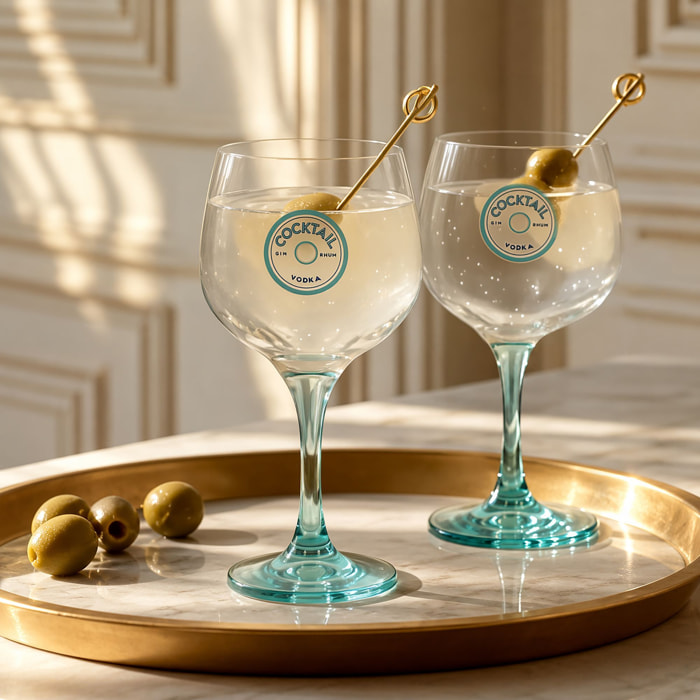 Lot de 2 verres à pied cocktail 73cl en verre transparent pied bleu