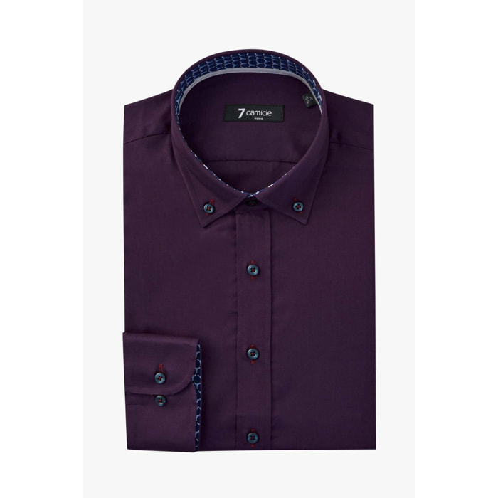 camicia uomo 1 bottone button down slim Satin Unito Viola Melanzana