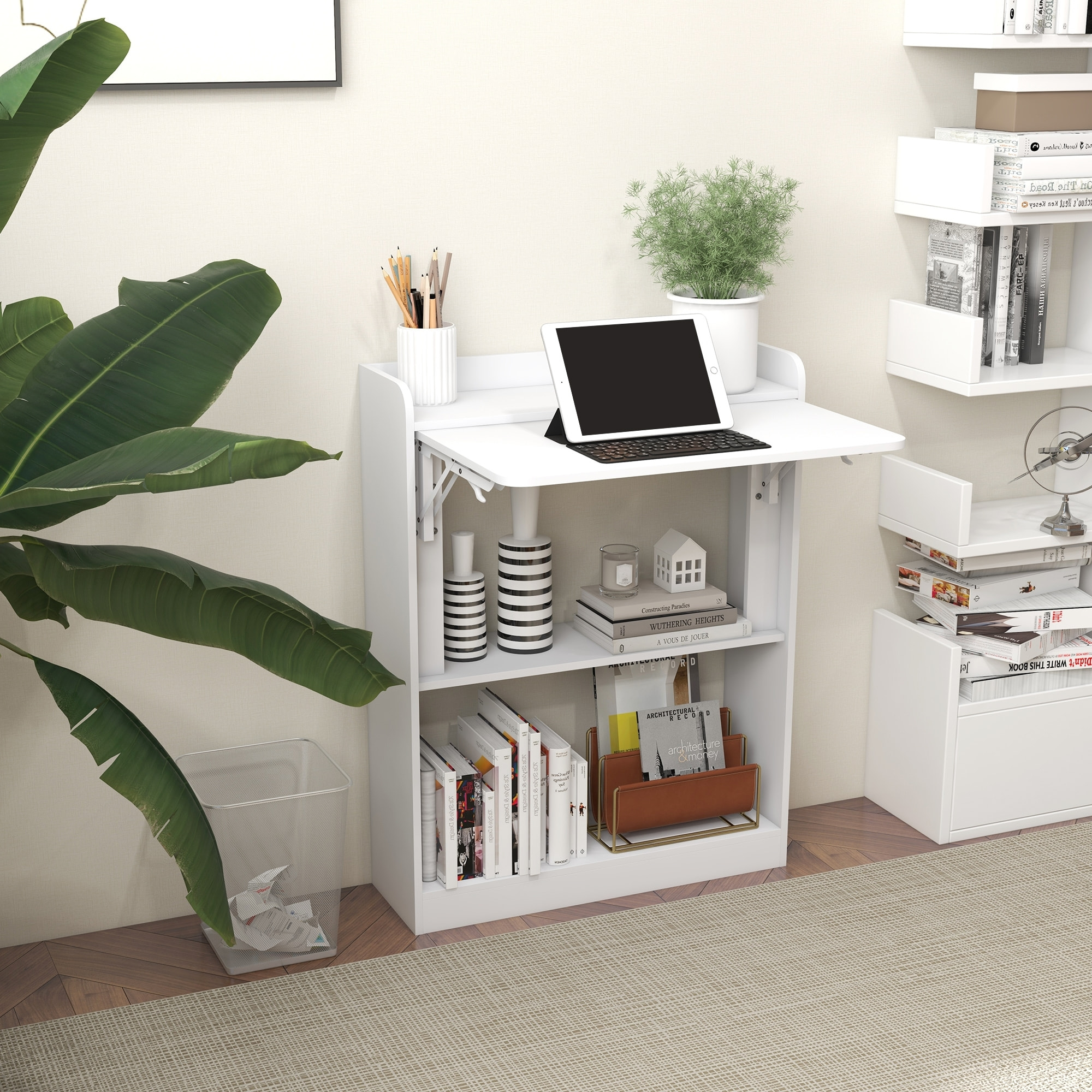 Bureau mural pliable d'appoint table murale rabattable suspendue avec bibliothèque 3 étagères panneaux blanc