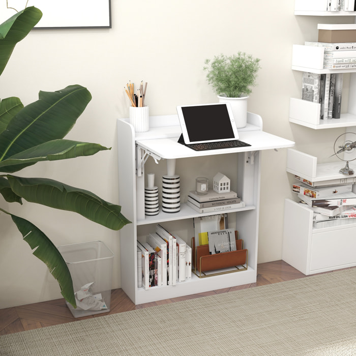 Bureau mural pliable d'appoint table murale rabattable suspendue avec bibliothèque 3 étagères panneaux blanc