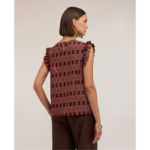Motivi - Blusa in voile di cotone con stampa e volant - Bordeaux