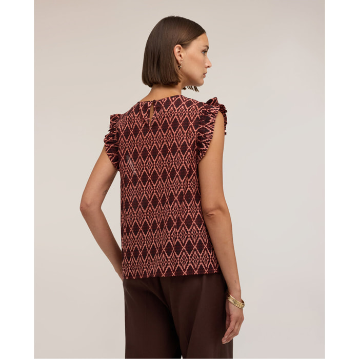 Motivi - Blusa in voile di cotone con stampa e volant - Bordeaux