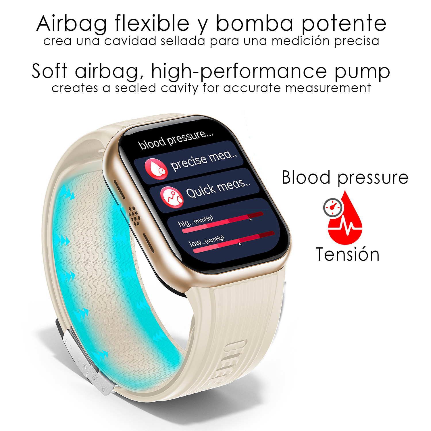 Smartwatch TK67. Llamadas Bluetooth con funciones avanzadas de salud: temperatura corporal, ECG, micro examen físico y presión arterial mediante bomba de inflado y bolsa de aire.
