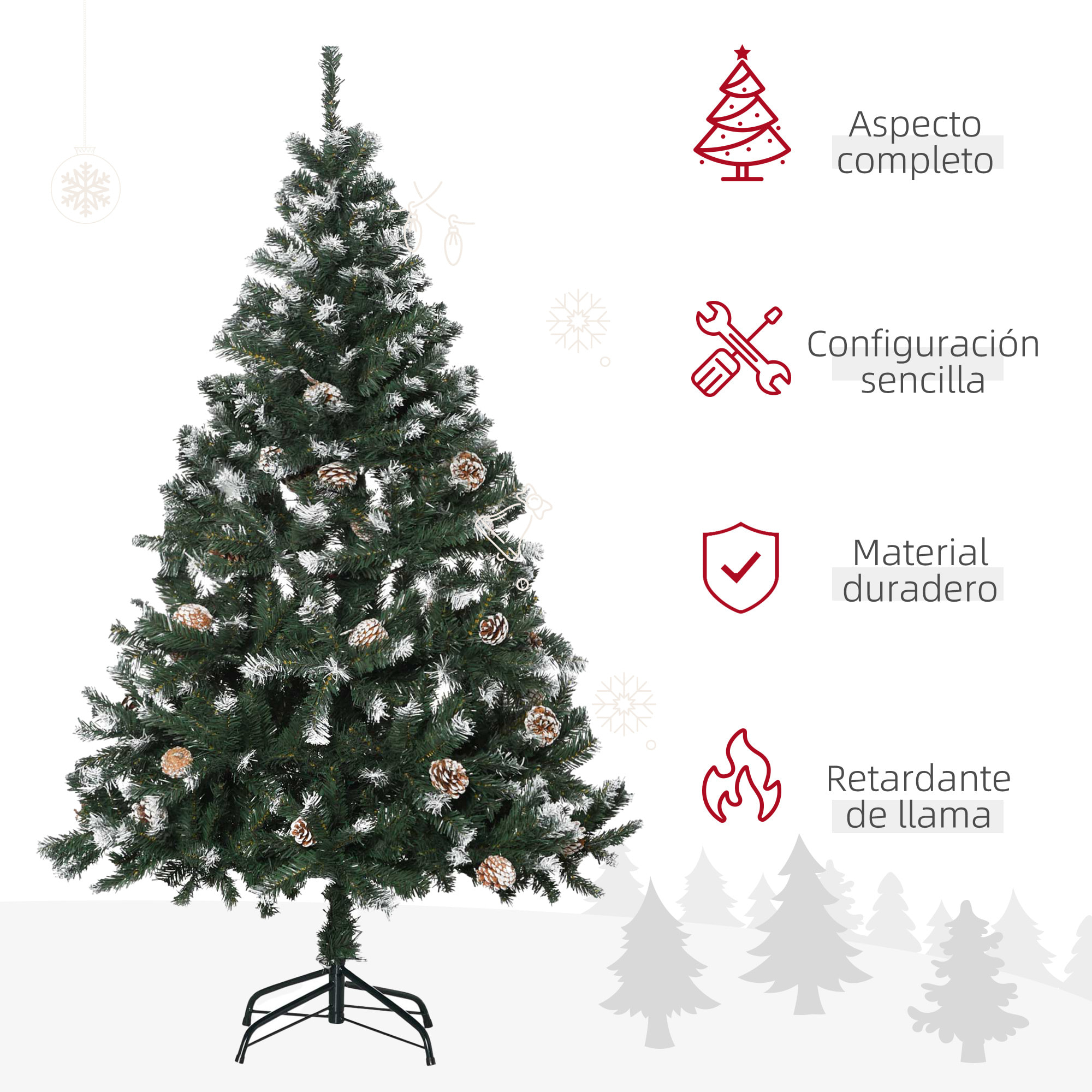 HOMCOM Árbol de Navidad Artificial 150 cm con Nieve Ignífugo con 676 Ramas 41 Piñas Hojas de PVC Apertura Automática Base Plegable y Soporte Metálico Decoración Navideña para Interiores Verde