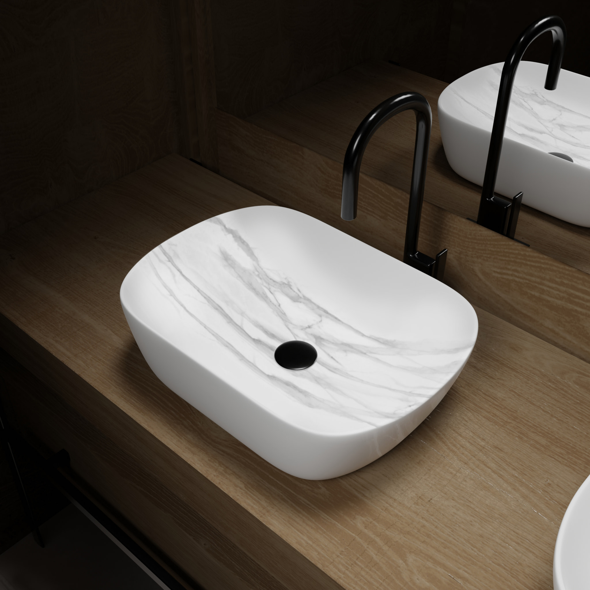 Vasque à poser Rectangle en Céramique Blanche Mat Effet Marbre - 45,5x32,5x13 cm - WHITE MARBLE