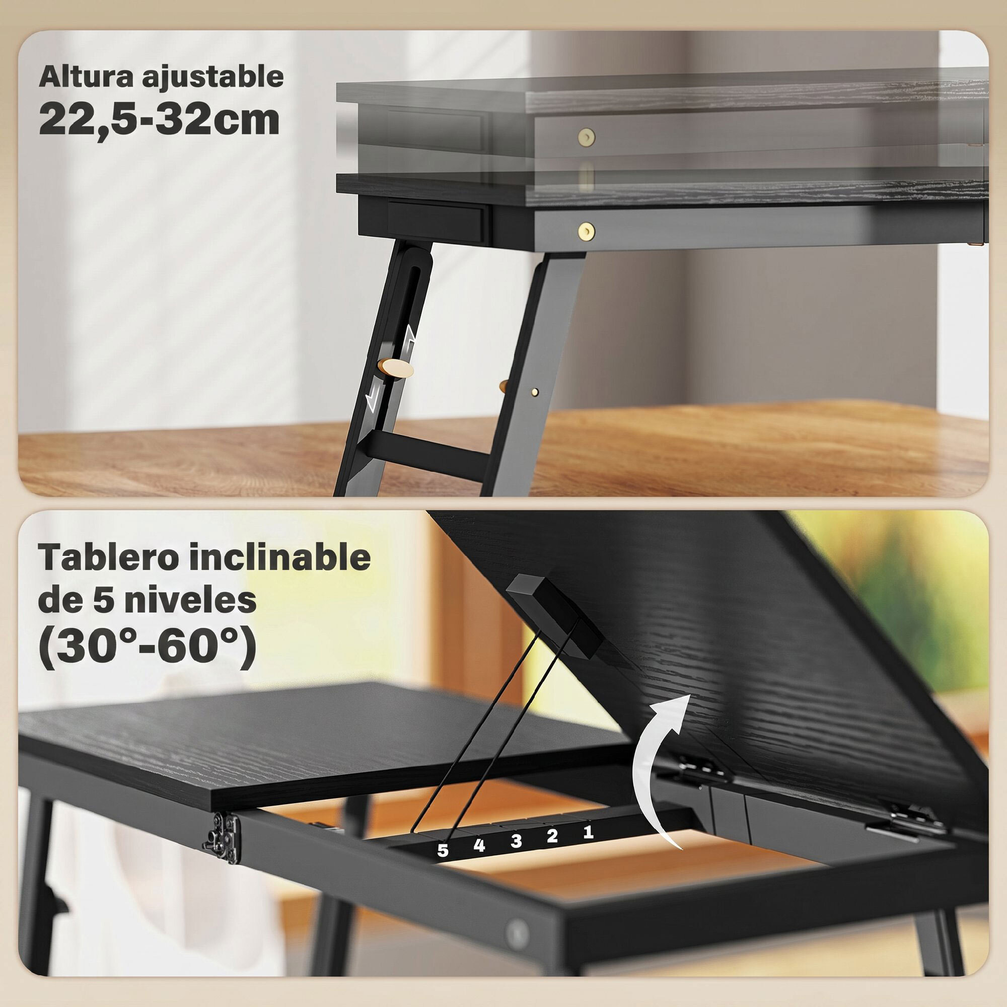 Mesa Reclinable para Cama y Sofá, Bandeja Plegable con Cajón Lateral, para Ordenador Portátil y Libros, con Cinco Alturas, Patas Ajustables, Mesita Auxiliar de Bambú y MDF, 83,5x33x34 cm, Negro