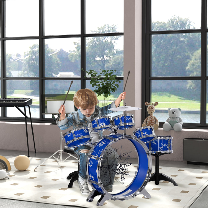 Batería Infantil con Taburete Batería para Niños de +3 Años con Tambores Bombo Platillo Pedal y Baquetas Diseño con Tema de Estrellas 65x22x57 cm Azul