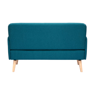 Canapé scandinave 2 places en tissu bleu canard et bois clair ISKO