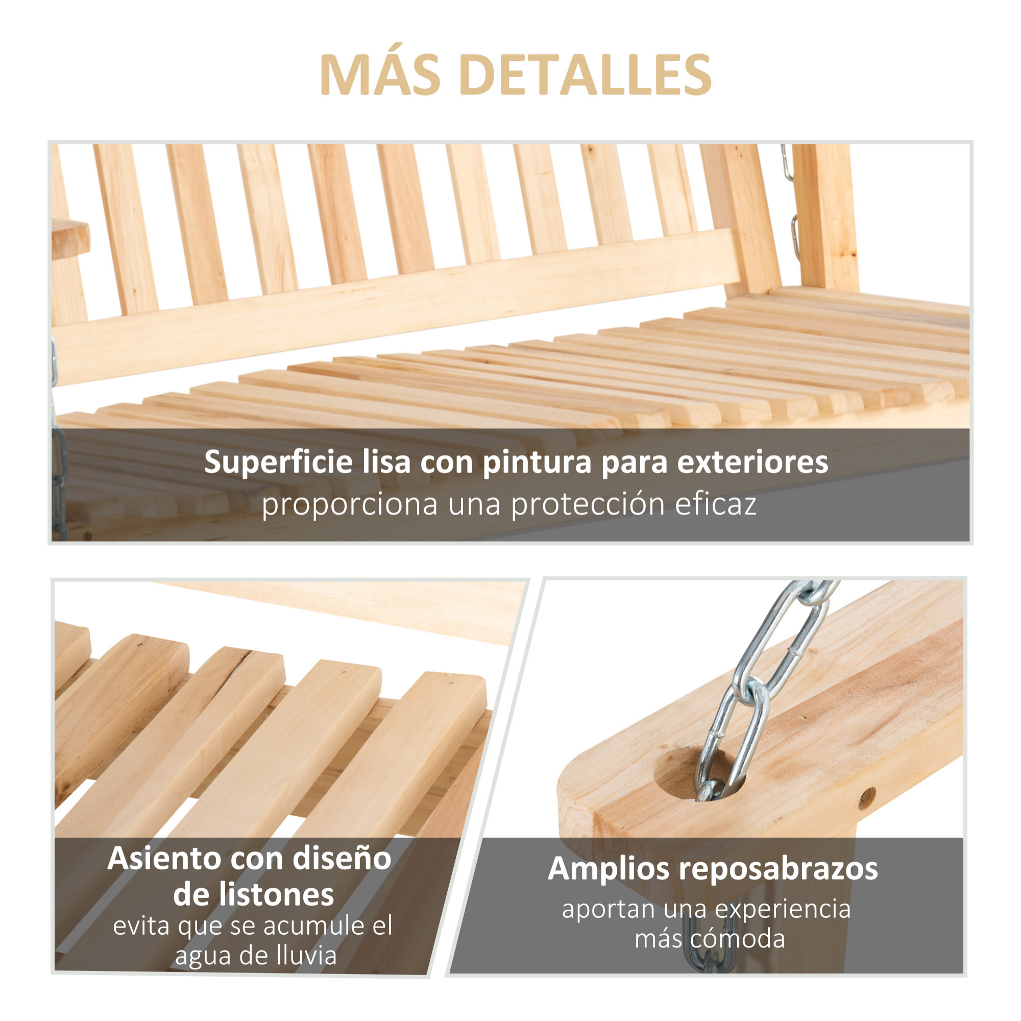 Banco Columpio de Madera de 2 Plazas Banco Balancín Colgante con Reposabrazos Cadenas Ajustables y Diseño Listones Carga 200 kg para Jardín Terraza Balcón 117x69x60 cm Natural