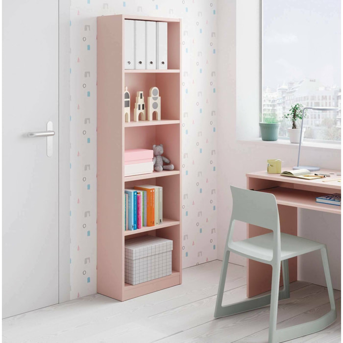 Libreria Pomona, Mobile portalibri alta a 5 ripiani, Scaffale da ufficio o cameretta, Scaffale moderno con scomparti, cm 52x25h80, Rosa