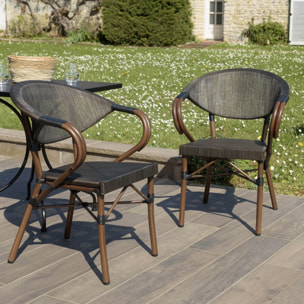VIANNEY - Lot de 2 chaises de jardin bistrot en acier textilène marron