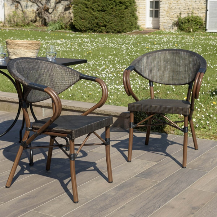 VIANNEY - Lot de 2 chaises de jardin bistrot en acier textilène marron