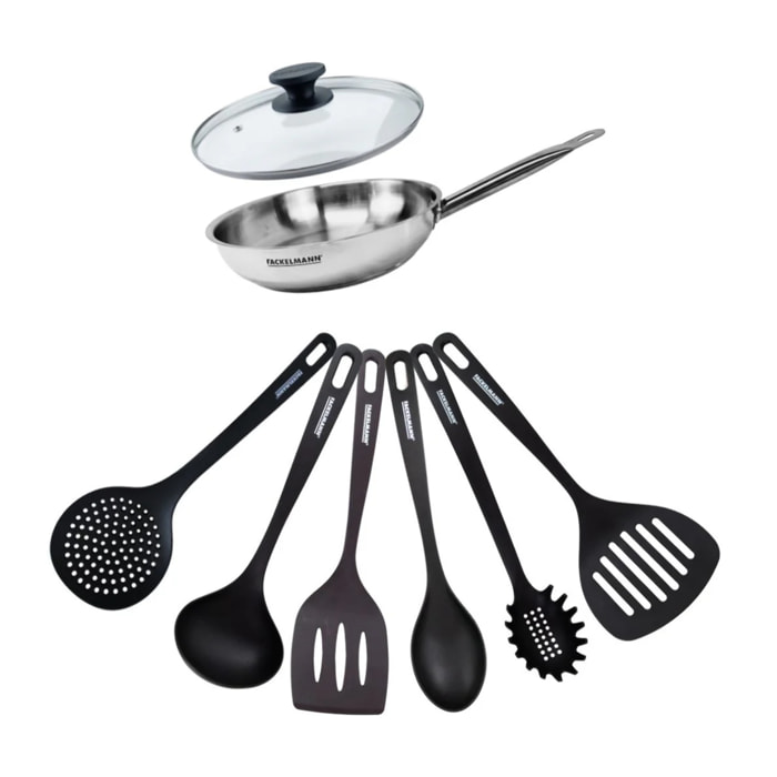 Set de 1 poêle en inox 1 couvercle en verre et 6 ustensiles RPET Fackelmann Eterna