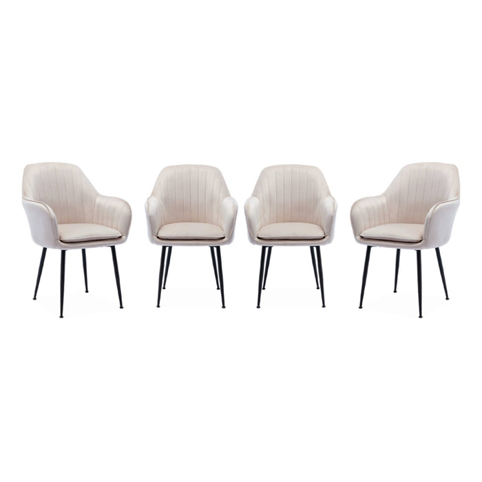 Lot de 4 fauteuils en velours blanc cassé et pieds en métal noir. Shella L 57 x P 59 x H 84.5