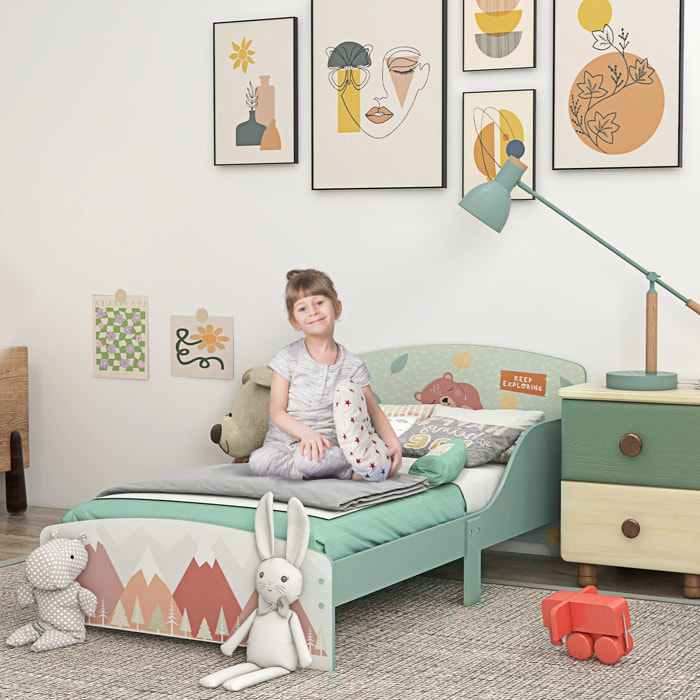 Cama Infantil de Madera 143x77x60 cm Cama para Niños de 3-6 Años con Barreras de Protección y Estampados Carga Máx. 40 kg Mueble de Dormitorio Moderno Verde