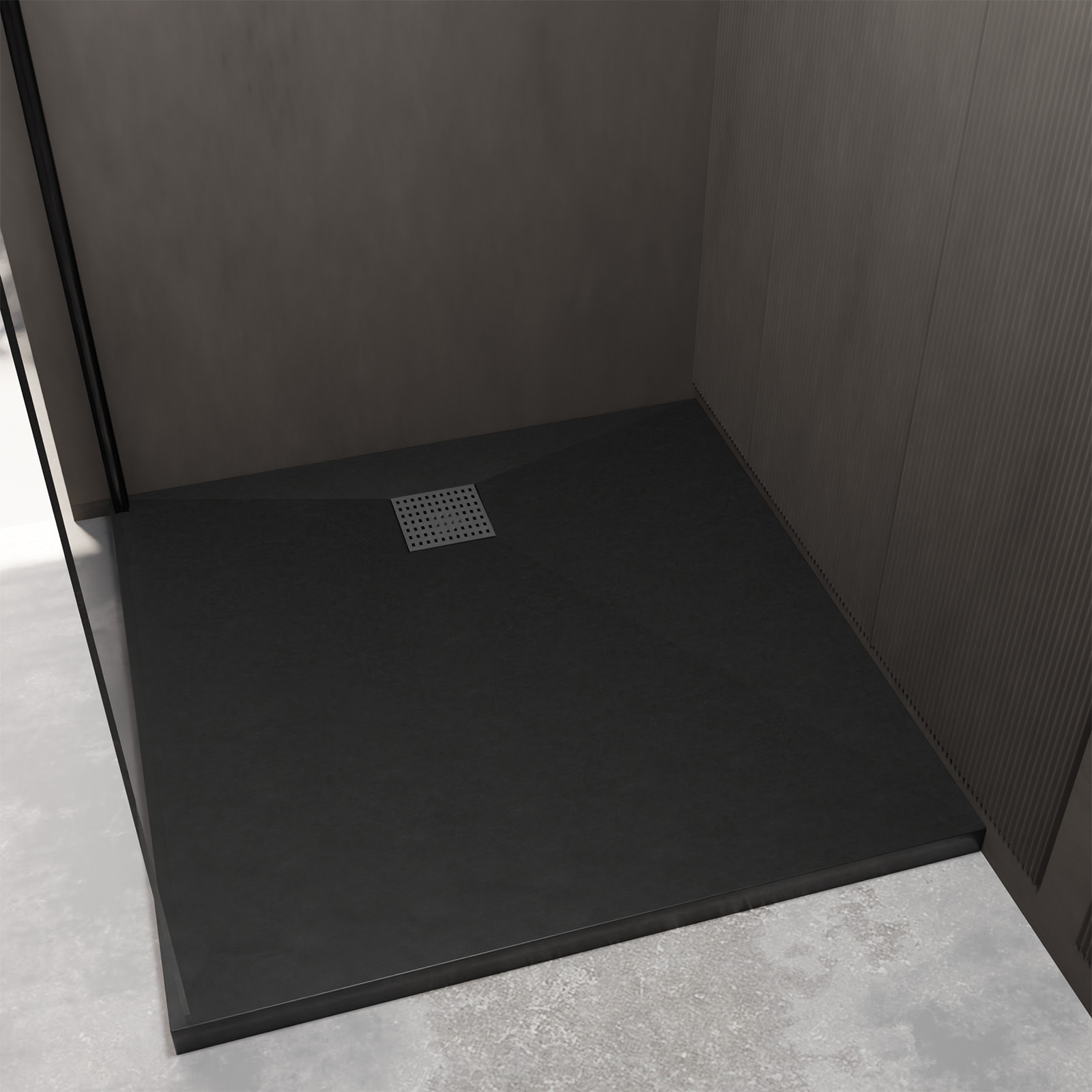 Receveur de douche Noir Effet Pierre 90x90 cm et Grille décor Perforée en Inox