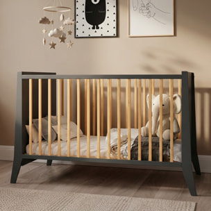 Lit Evolutif Timéo à barreaux 60 x 120 cm, Gris & Bois, En Bois, 3 Hauteurs, Barreaux amovibles