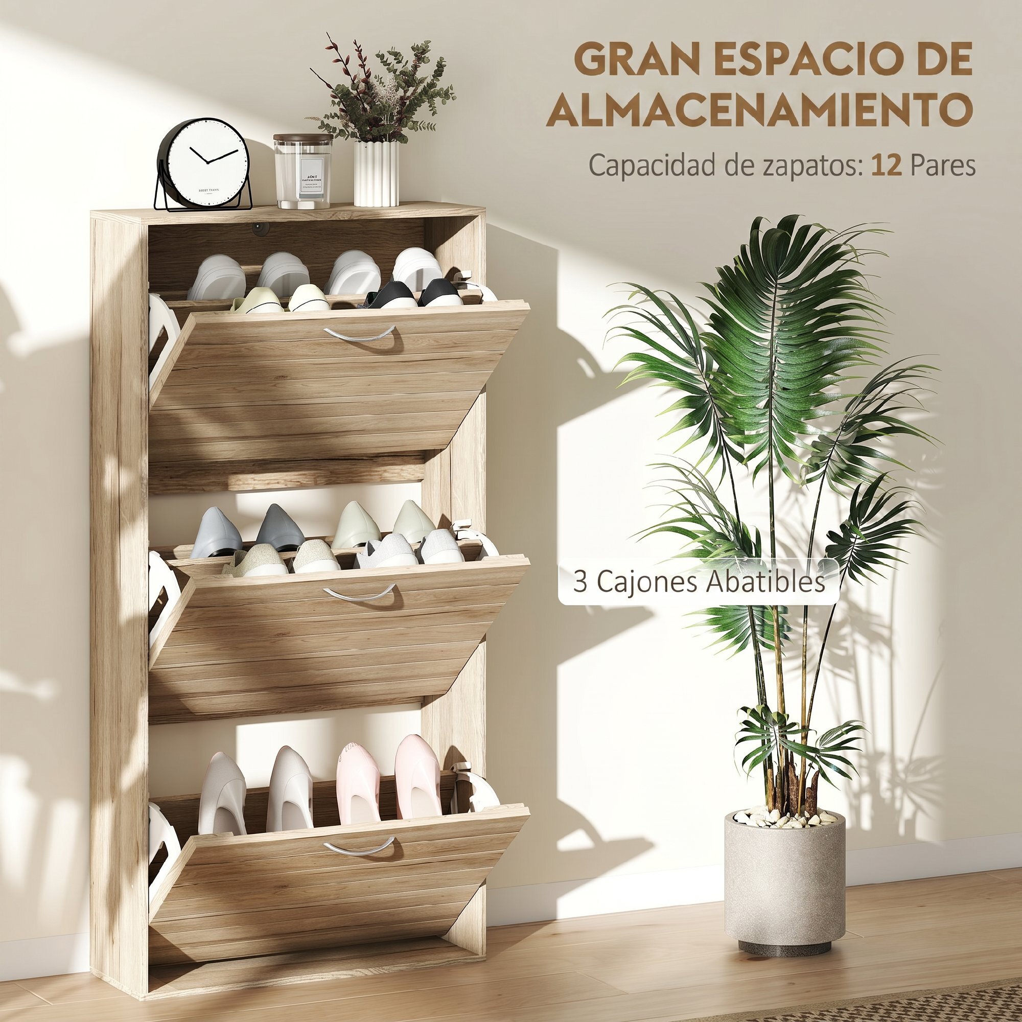 Zapatero Estrecho con 3 Puertas Abatibles, Zapatero Entrada Recibidor, Estantes Ajustables, para 12 Pares de Zapatos, para Pasillo, Espacios Reducidos, Roble