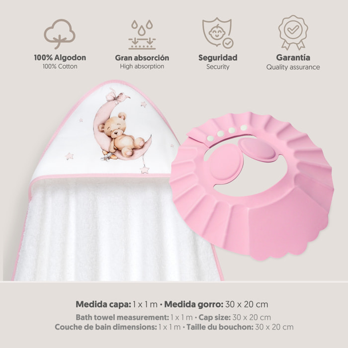 Capa Baño 1X1 Mod Estampado Oso Luna Estrellas+Gorro Bco/Rosa