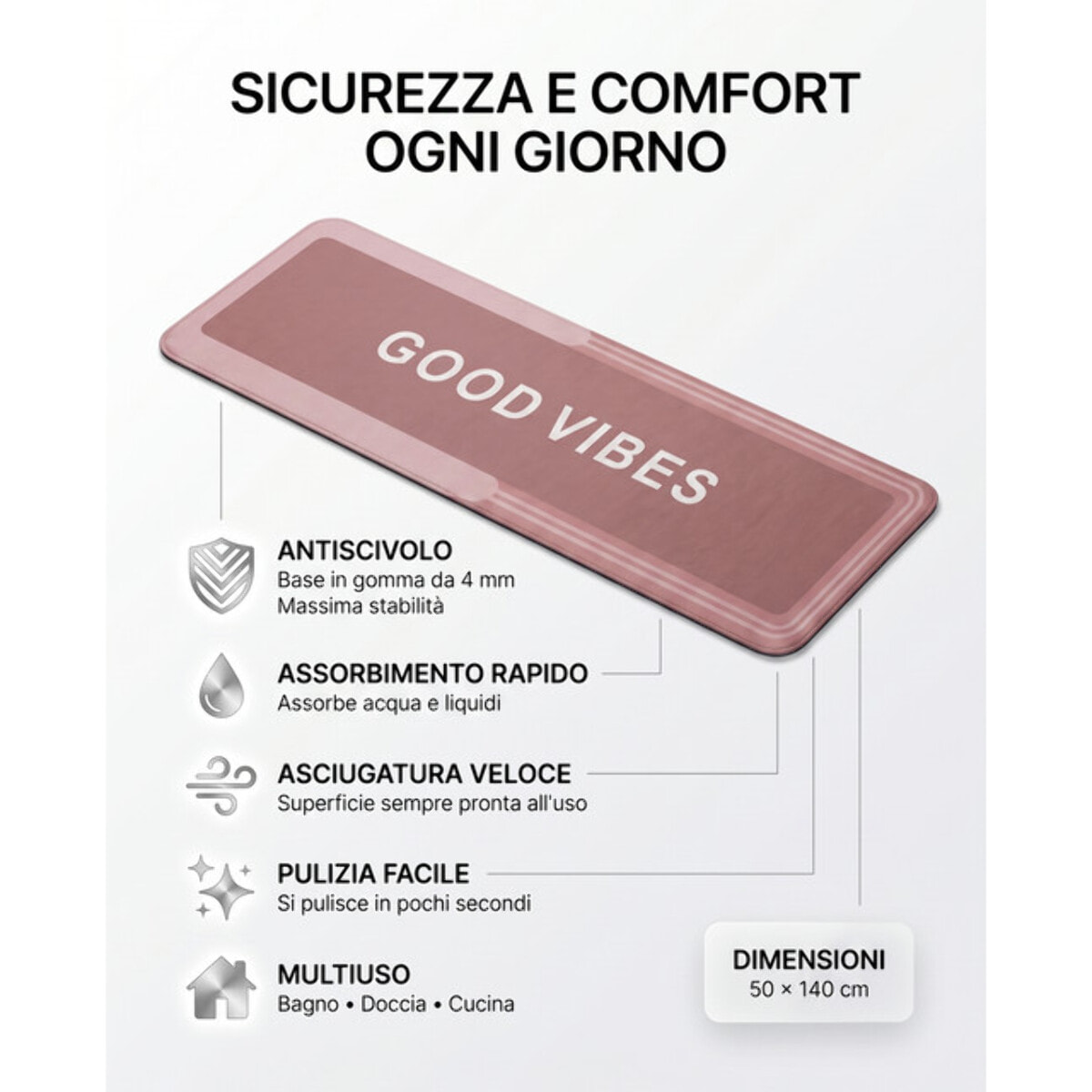 Tappeto bagno lungo antiscivolo e super assorbente 50x140 cm, tappetino doccia a rapida asciugatura con fondo in gomma stabile, ideale per bagno e cucina, lavabile e pratico, superficie morbida e resistente per uso quotidiano