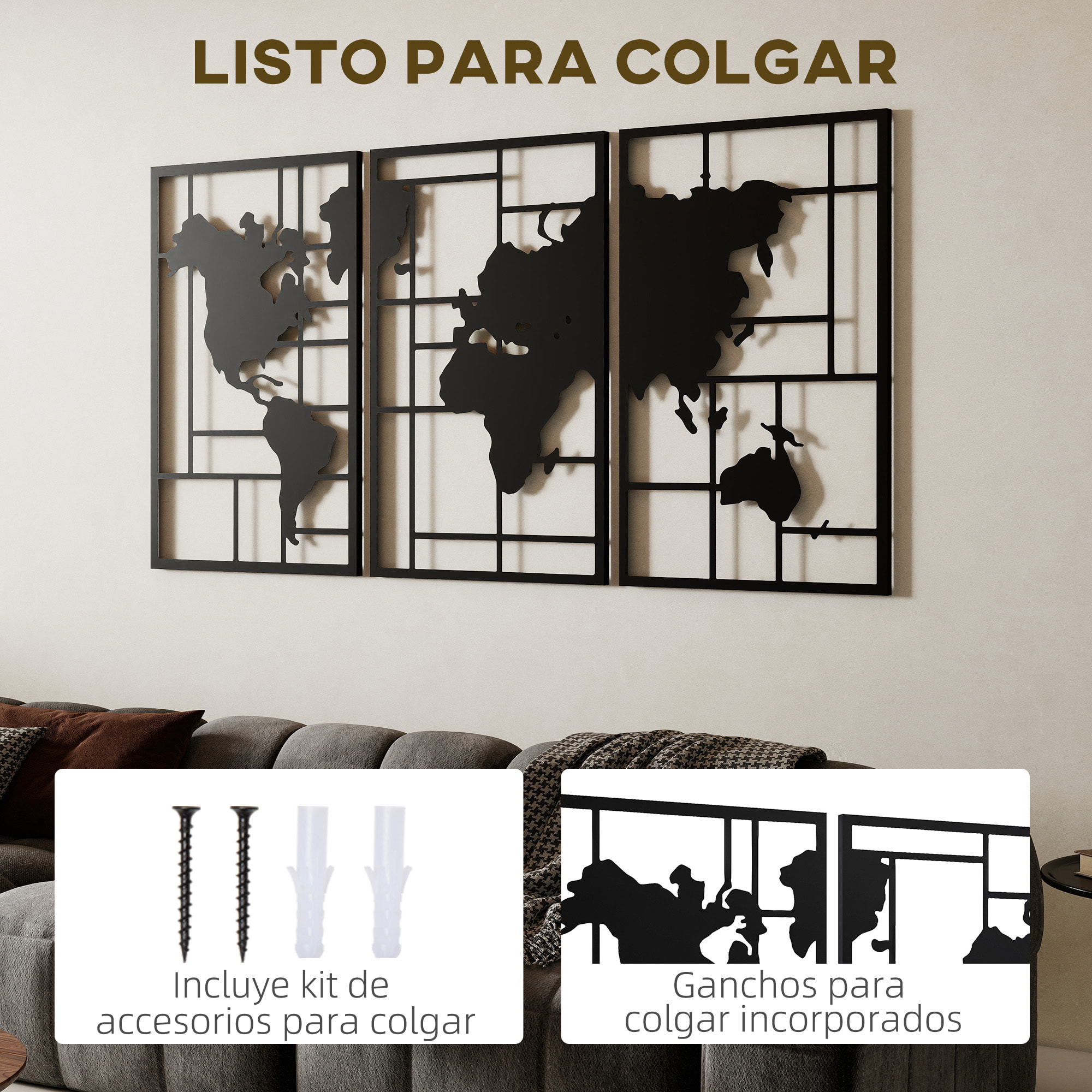 Decoración de Metal para Pared de Mapa Mundial, Juego de 3 Piezas, Adornos de Pared Metálicos, para Salón, Dormitorio, Pasillo, Negro