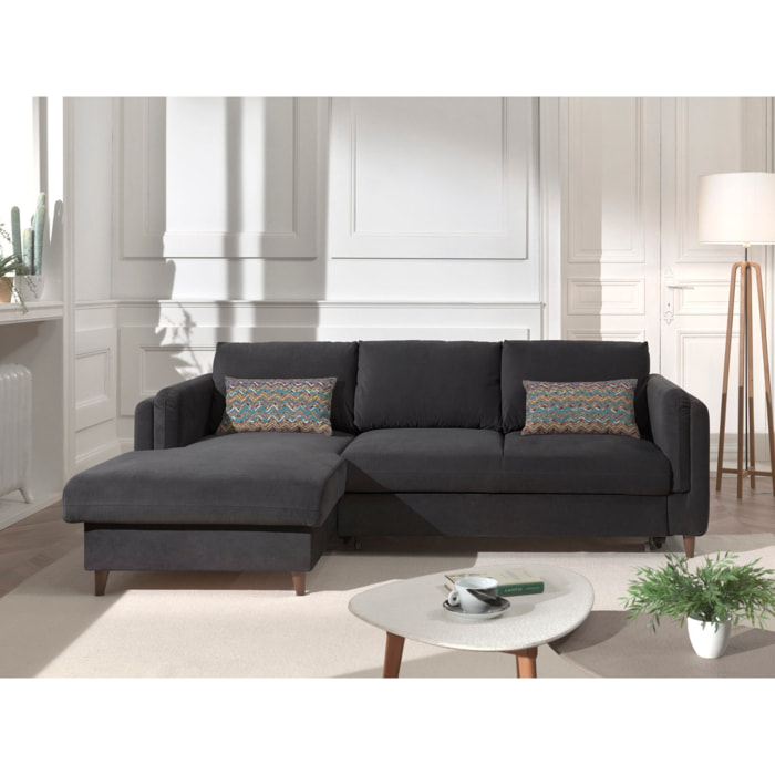 Brooke - canapé d'angle gauche - convertible avec coffre - 4 places - en velours - Gris foncé